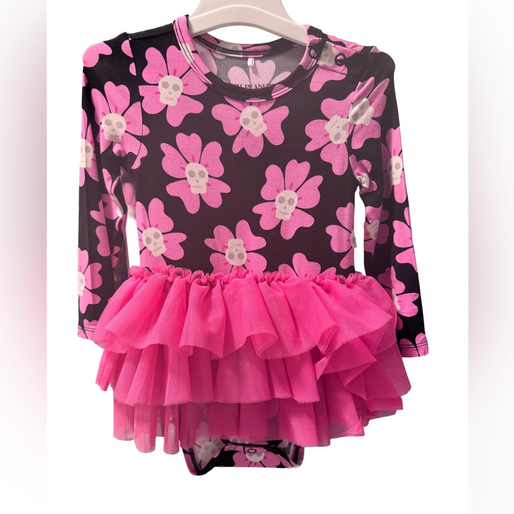 Posh Peanut Pink & Black Floral Tulle Dress with Skulls 6-12 months. Like new!